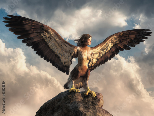 A harpy is a creature from Greek and Roman mythology, a monster with a woman's head and a bird's body. Harpies symbolize storm winds. 3D Rendering.
