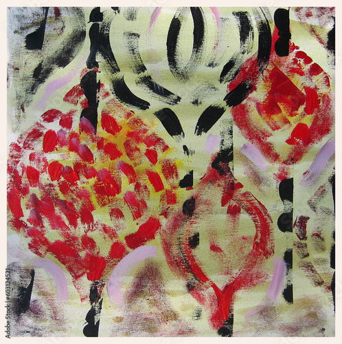 Abstract Painting with Red and Black Brushstrokes on Canvas