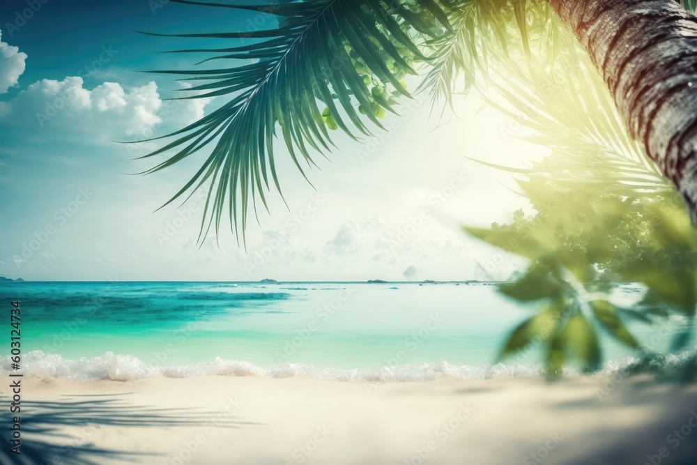 serene beach with a lone palm tree and a picturesque ocean view in the background. Generative AI