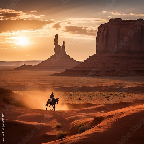 Majestic Encounter  A Man and His Trusty Steed Embrace the Vast Serenity of the Dunes in a Timeless Bond