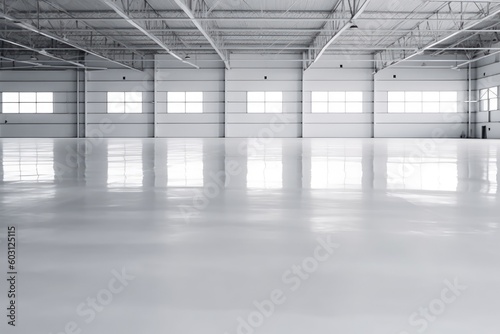 an empty warehouse with ample natural light from multiple windows Generative AI