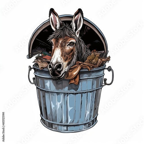 Whimsical Horse in Trash Can: An Imaginative Illustration for Playful Designs and Environmental Awareness