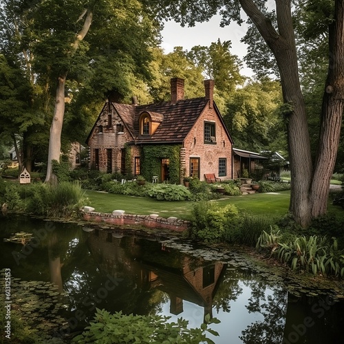 Enchanting Abode  Capturing the Essence of an Old House Amidst the Serene Wilderness and Majestic River Surrounded by Towering Trees