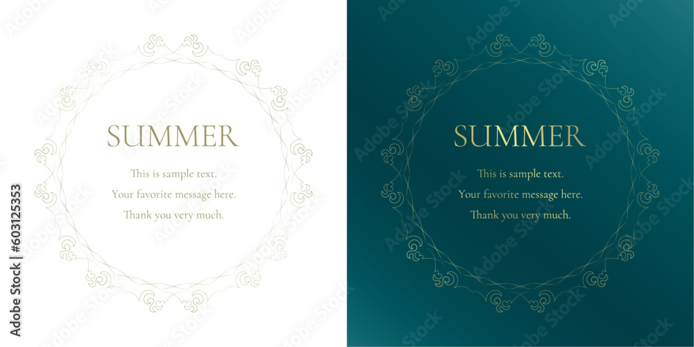 素材_フレームのセット_太陽と海と空をモチーフにした夏の飾り枠。ゴールドの高級感ある囲みのデザイン