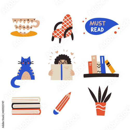 Vector icon set with book club elements. Vector flat illustration with cute design elements and handwritten lettering on white background.