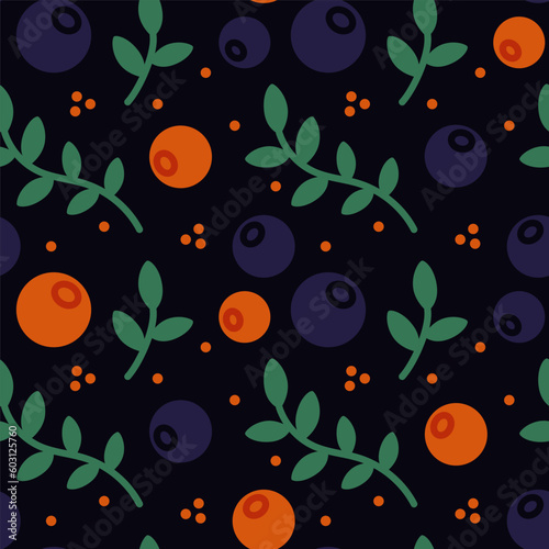 Vector seamless pattern with berries on dark background. Modern design for fabric and paper, surface textures.