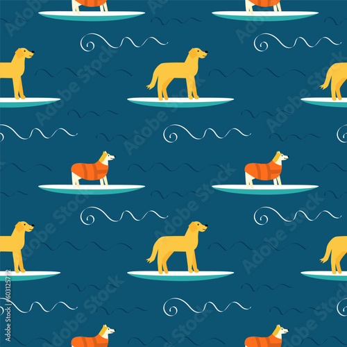 Seamless vector pattern with cute dogs on sup boards in the sea. Modern design for fabric and paper, surface textures.