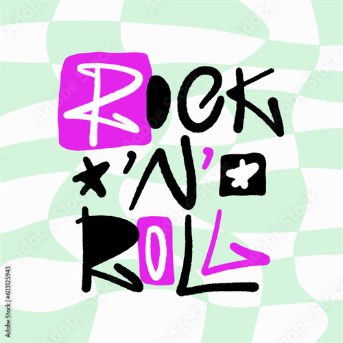 Graffiti slogan of Rock'n'roll. Glam punk artwork design with spray texture. Lettering on chessboard pattern for banner, decoration, street art and ads. Nostalgia for 1990s - 2000s.