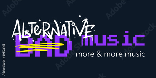Urban graffiti street art. Neon illustration print with typography slogan. Cyberpunk artwork design. Style of 80s, 90s, 00s. Alternative music for graphic tee t shirt or poster - Vector.