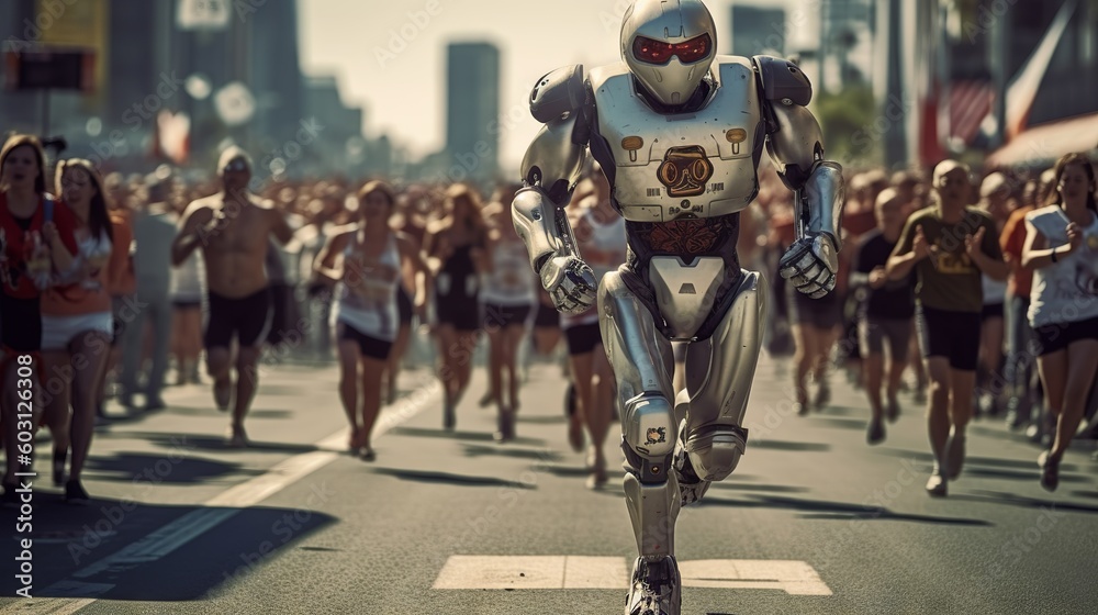 Unyielding Machine: Robotic Marathon Runner Showcasing Endurance and Strength, Encouraged by Cheering Crowd - A Vision of Future Sports and AI Capabilities.