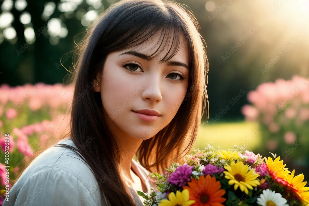 Portrait of a woman with bouquet of flowers in a garden. Generative AI.