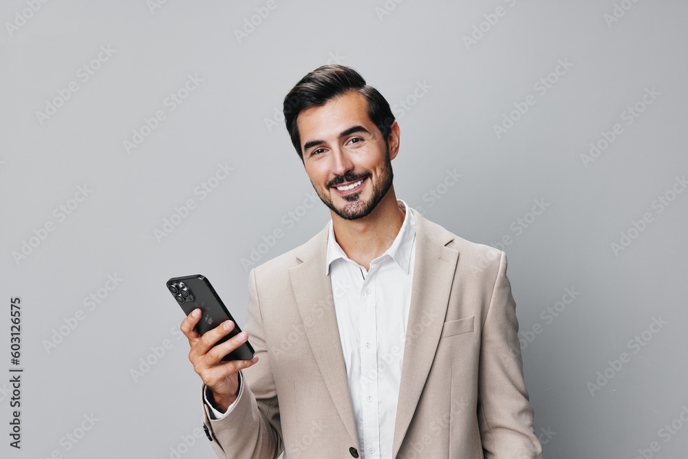 man gray hold happy business portrait phone smile smartphone suit call