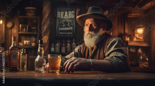 Photographie Cowboy drinks in Wild West saloon created with generative AI technology