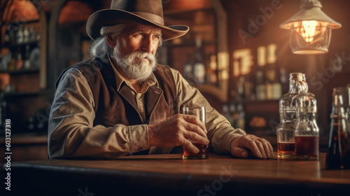 Cowboy drinks in Wild West saloon created with generative AI technology