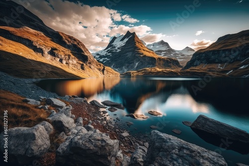 serene lake nestled among majestic mountains beneath a cloudy sky. Generative AI