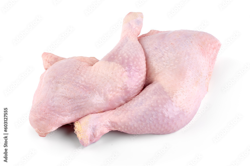 Raw chicken leg quarters, isolated on white background. High resolution