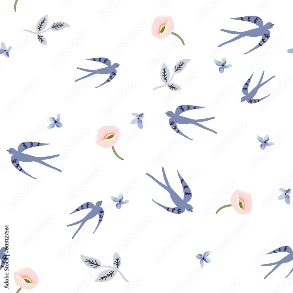 Swallow birds, flowers, white background. Vector seamless pattern. Cute print. Spring illustration Swallow birds, flowers, white background. Vector seamless pattern. Cute print. Spring illustration
