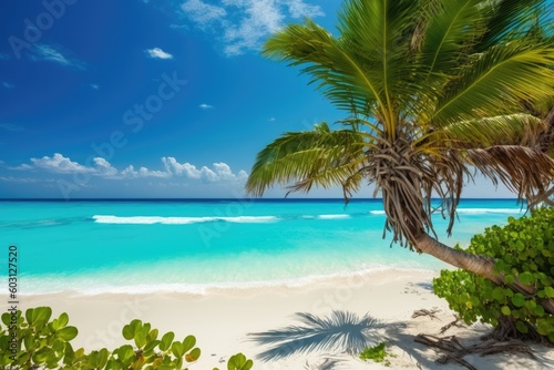 serene tropical beach with a palm tree in the foreground. Generative AI