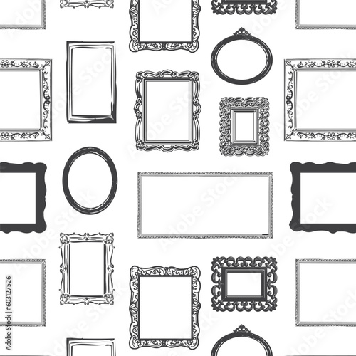 Repeating seamless pattern of wooden vintage frames. Editable vector file.