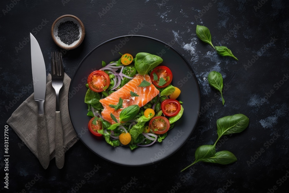 healthy meal with salmon and vegetables served with utensils. Generative AI
