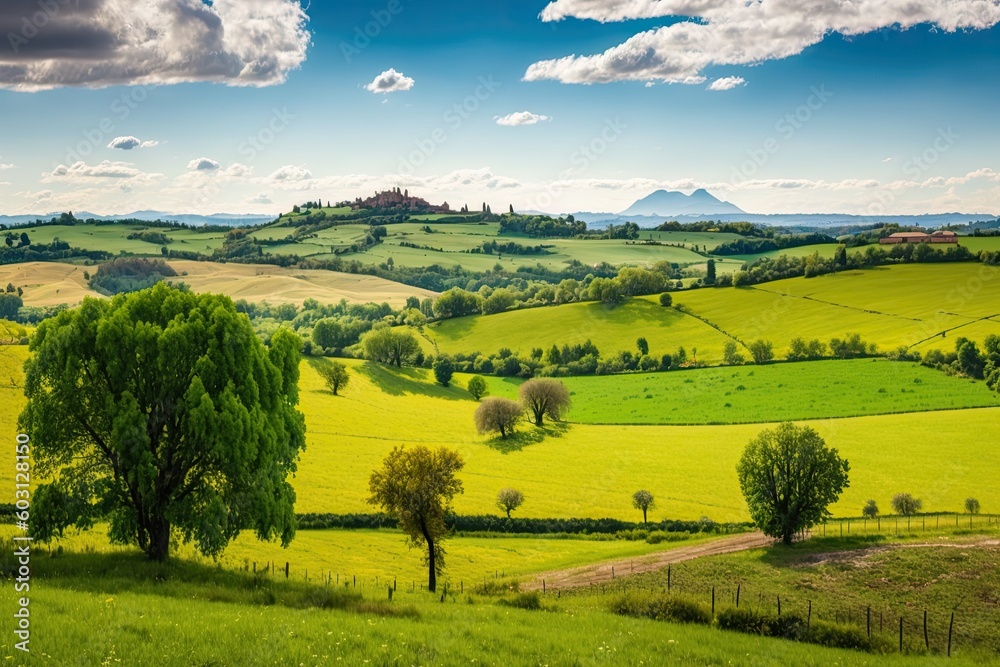 serene and vibrant countryside landscape with rolling hills and trees. Generative AI
