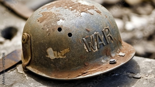 Combat Helmet Bearing 'WAR' Text, Potent Symbolic Representation, 16:9 Aspect Ratio, Generative AI Illustration