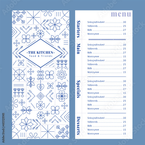 Restaurant menu design template, with food icons and geometric elements.