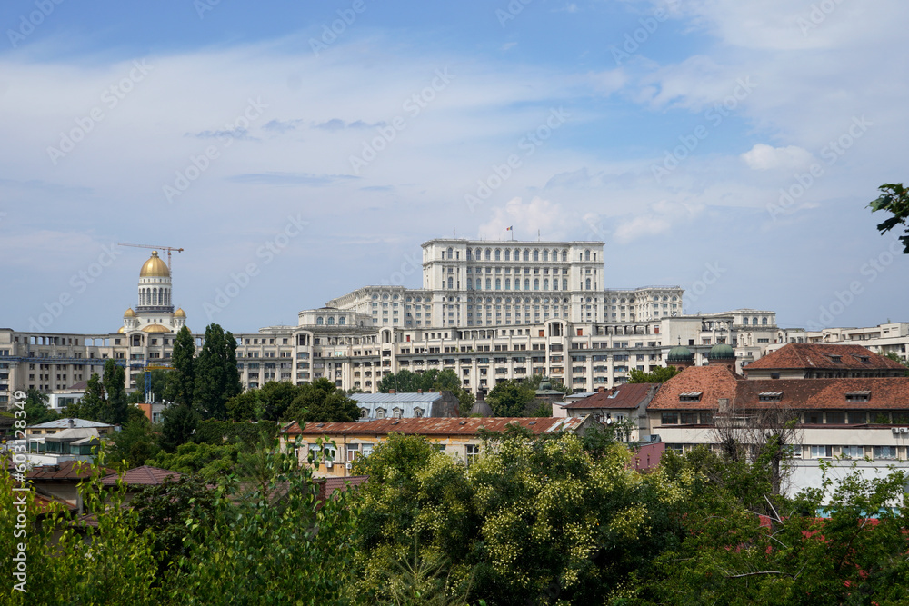 Cityscape in Bucharest with Palace of Parliament and under construction National Cathedral