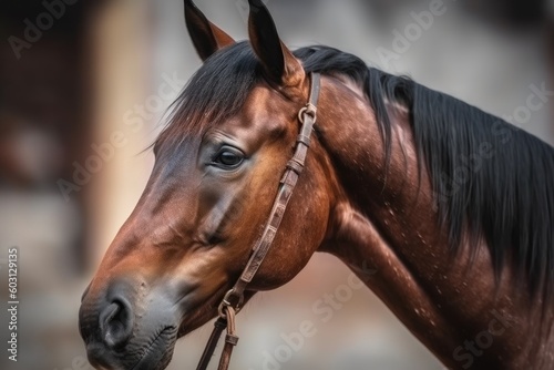 close-up portrait of a majestic brown horse with a sleek black mane Generative AI © AkuAku