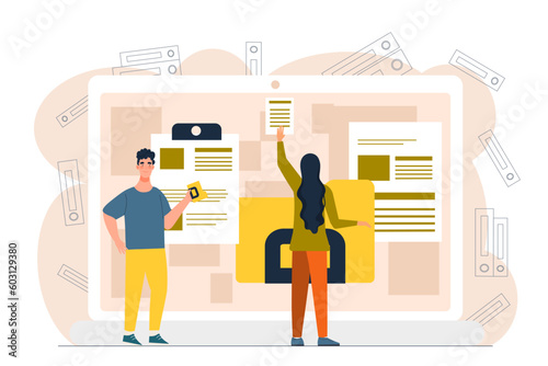 People with documents. Man and woman carried folders with files, electronic archive or storage. Data security and company server. Employees with database. Cartoon flat vector illustration