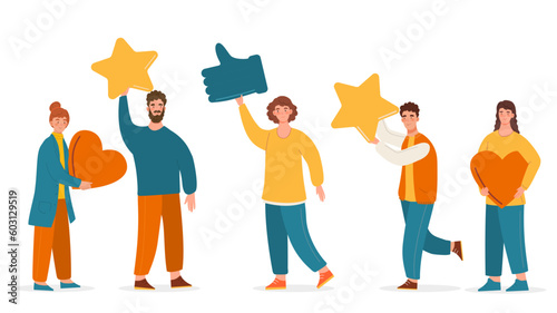 Concept of evaluation. Collection of men and women with stars, thumbs up and heart. Rating and feedback, social media reactions. Cartoon flat vector illustrations isolated on white background