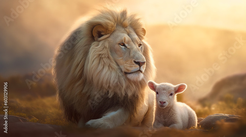 The Lion and the Lamb, Bible's description of the coming of Jesus Christ. AI-generated image