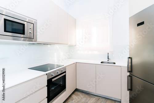 Modern kitchen with white cabinets and electrical appliances
