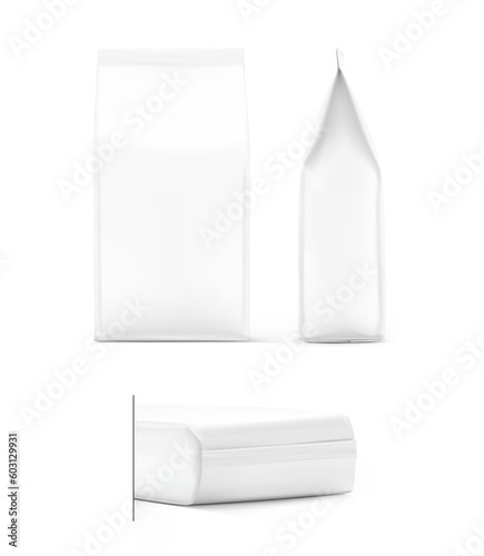 Hyper realistic vertical bag mockup. Three side view. Vector illustration isolated on white background. Can be use for template your design, presentation, promo, ad. EPS10.