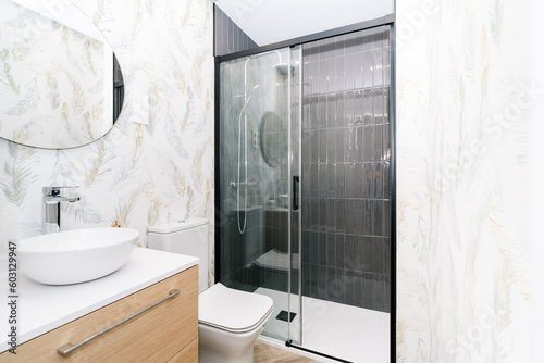 Bright Modern bathroom interior with shower cabinet
 photo