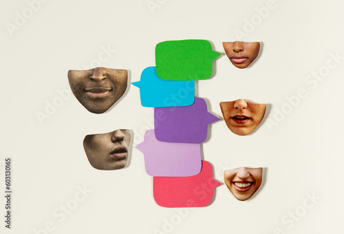 Collage of five people with colorful speech bubbles photo