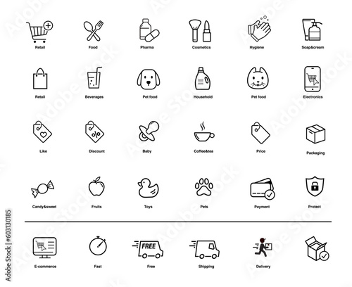 Set of store icons. Vector elements on a white background. Ready for your design. Can be used on packaging, advertising, promo. EPS10.	