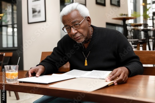 Mature african american businessman looking away thoughtfully while working in a modern cafe. Senior businessman using a laptop while working remotely. Generative AI