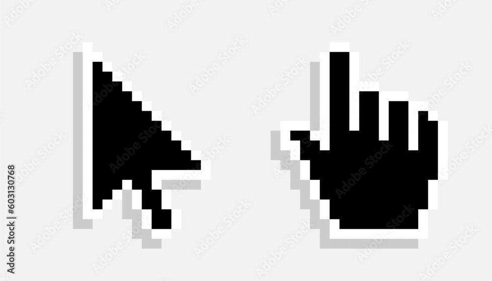 Pixel mouse cursor and hand pointer black icon set. Clipart image isolated on white background Pixel mouse cursor and hand pointer black icon set. Clipart image isolated on white background