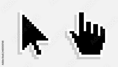 Pixel mouse cursor and hand pointer black icon set. Clipart image isolated on white background