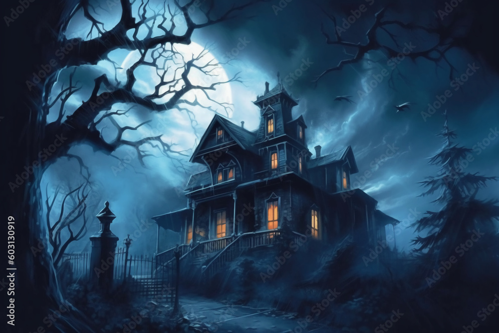 Creepy haunted mansion, spooky moonlit sky, trees in background with eyes shining from shadows. AI generative Creepy haunted mansion, spooky moonlit sky, trees in background with eyes shining from shadows. AI generative
