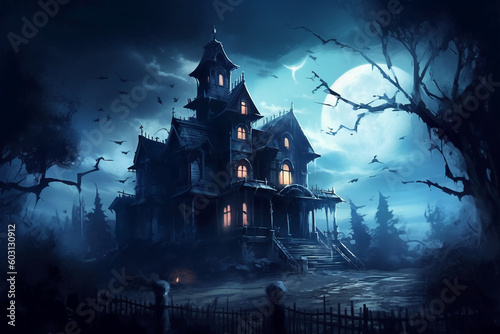 Creepy haunted mansion, spooky moonlit sky, trees in background with eyes shining from shadows. AI generative © SANGHYUN