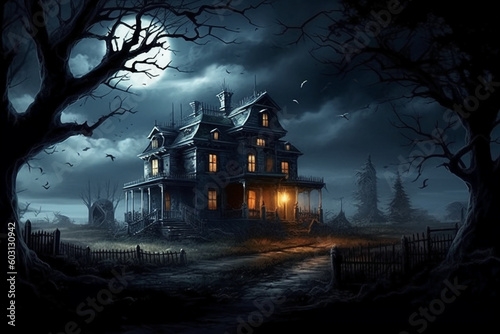 Creepy haunted mansion, spooky moonlit sky, trees in background with eyes shining from shadows. AI generative
