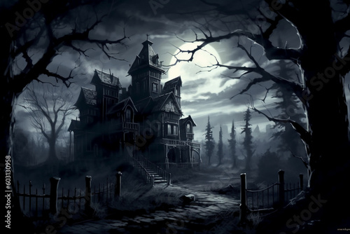 Creepy haunted mansion, spooky moonlit sky, trees in background with eyes shining from shadows. AI generative © SANGHYUN