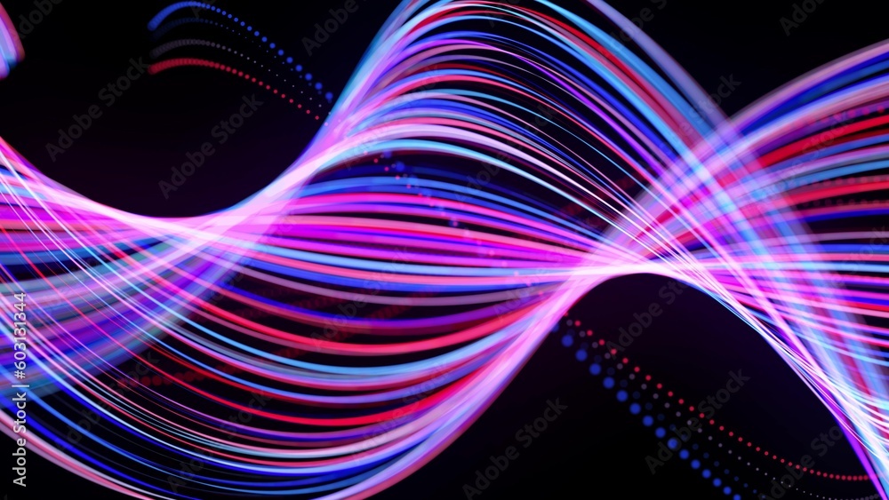 Abstract background with light trails, stream of red blue neon lines in ...