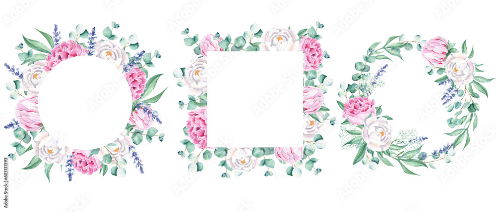 custom made wallpaper toronto digitalWatercolor peonies frames set. Square, round and circle frame, wreath. White and pink flowers, lavender, eucalyptus and gypsophila branches. Hand drawn illustration isolated on white background. Can