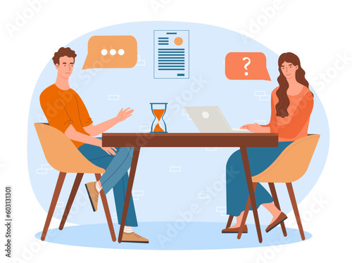 Job interview concept. Man answers womans questions. HR manager with candidate for vacancy. Company recruitment and headhunting. Guy talking to girl with laptop. Cartoon flat vector illustration