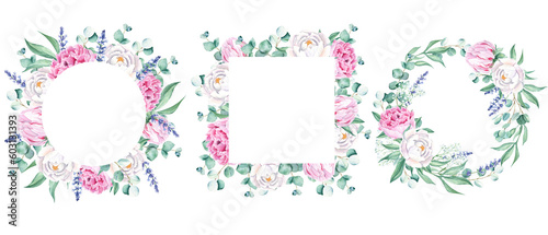 Wallpaper Mural Watercolor peonies frames set. Square, round and circle frame, wreath. White and pink flowers, lavender, eucalyptus and gypsophila branches. Hand drawn illustration isolated on white background. Can Torontodigital.ca