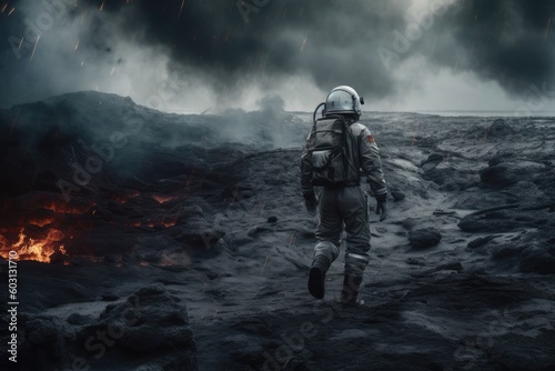 astronaut exploring a volcanic landscape Generative AI © AkuAku