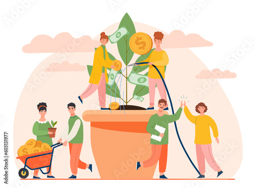 People with money tree. Men and women near flower pot with banknotes and gold coins. Investing and financial literacy, passive income. Traders and investors. Cartoon flat vector illustration